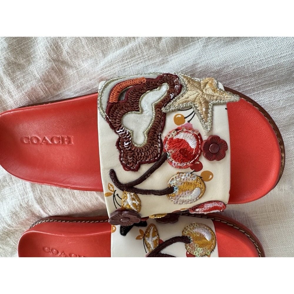 Coach Embroidered Slides Sandals Sz 5 Cherry Flowers Stars Sequins Glam Whimsy - Picture 4 of 6